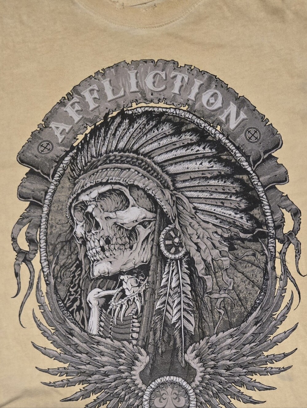 Affliction Beige Tee with Black and Gray Skull Headdress